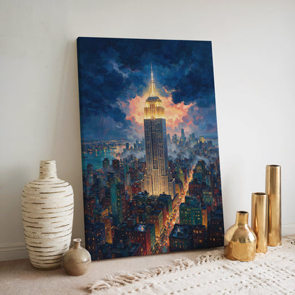 Dramatic New York skyline artwork with the Empire State Building illuminated against colorful storm clouds at dusk