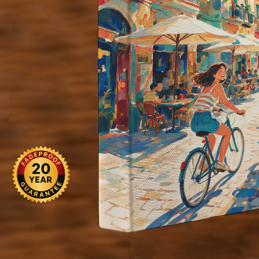 Vibrant Barcelona cityscape canvas featuring a sunny cobblestone street, cyclists, Mediterranean architecture, and lively cafés