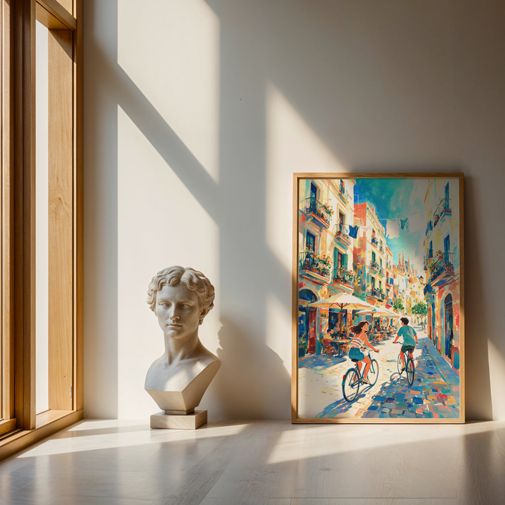 Travel-inspired Barcelona canvas wall art with bicycles, vibrant architecture, hanging laundry, cafés, and blue skies