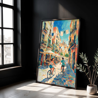Museum Grade Canvas Wall Art depicting cyclists exploring a vibrant Barcelona street beneath a bright blue Mediterranean sky