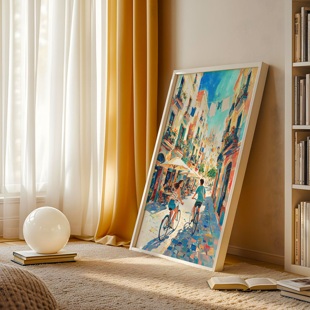 Mediterranean city canvas artwork showing two cyclists riding between colourful buildings on a sunny Barcelona street