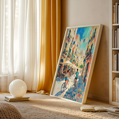 Mediterranean city canvas artwork showing two cyclists riding between colourful buildings on a sunny Barcelona street