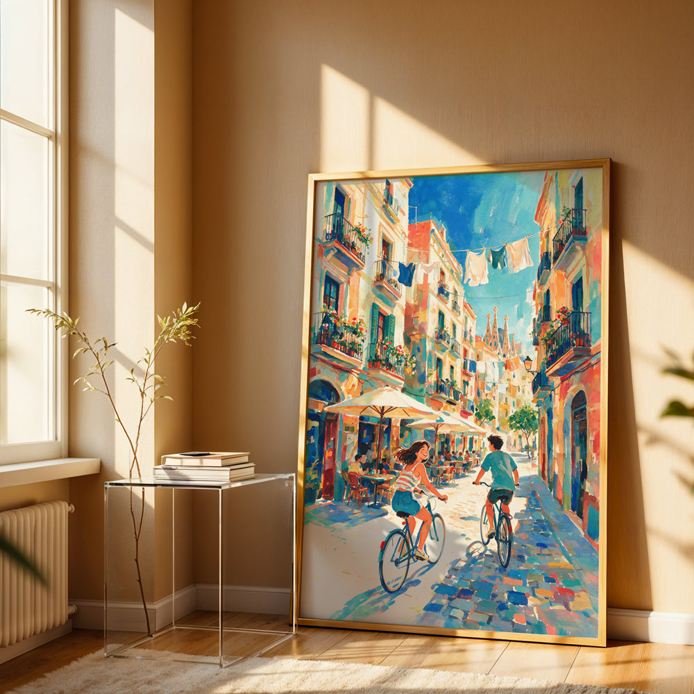 Barcelona canvas wall art featuring cyclists riding through a colourful Mediterranean street with the Sagrada Família in the distance