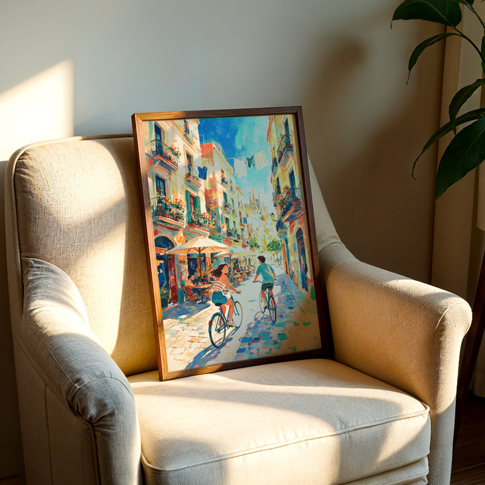 Colourful European street artwork featuring cyclists in Barcelona with sunlit buildings and the Sagrada Família beyond