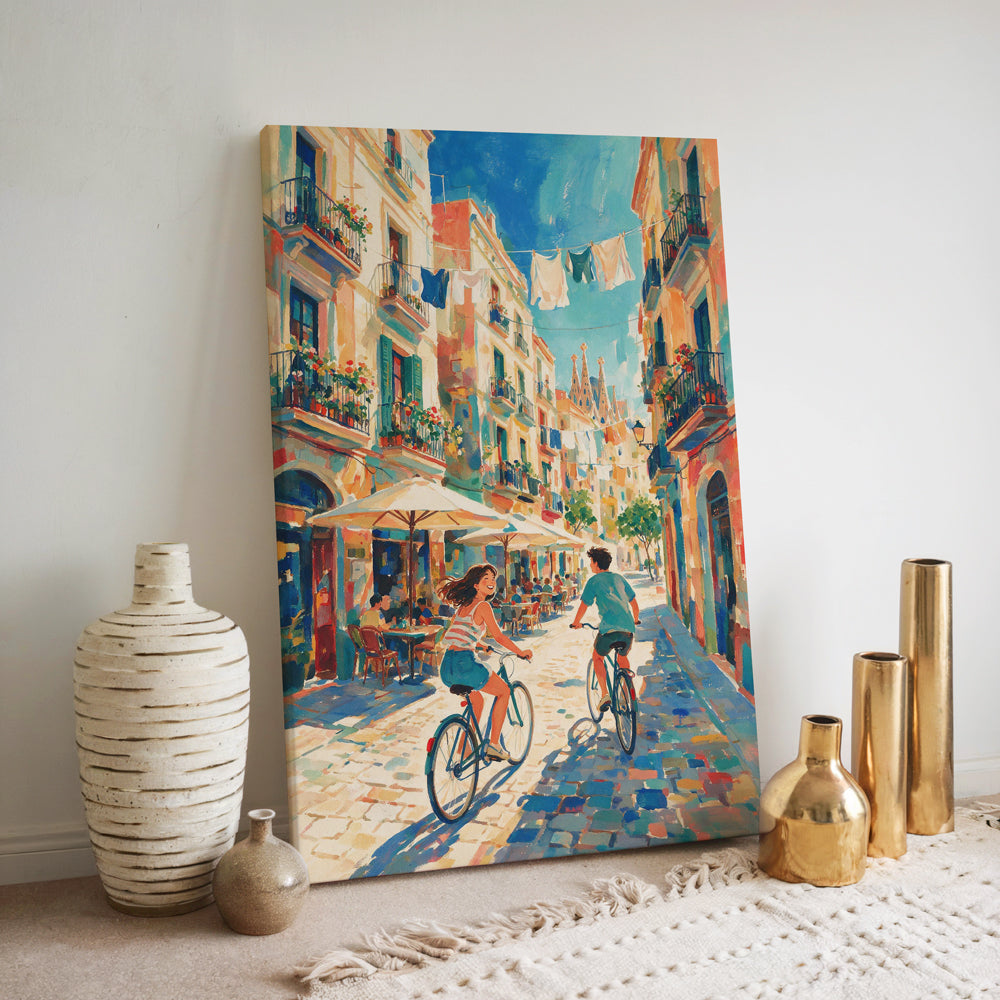 Barcelona Spain wall art featuring a colourful cobblestone street, bicycles, balconies, cafés, and the Sagrada Família
