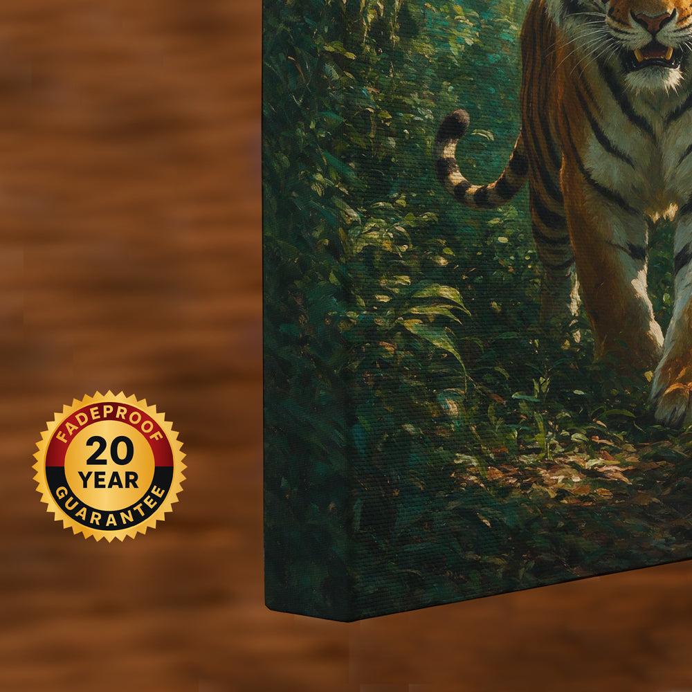 Jungle wildlife canvas artwork featuring a majestic Bengal tiger in a lush forest with soft golden light filtering through the trees