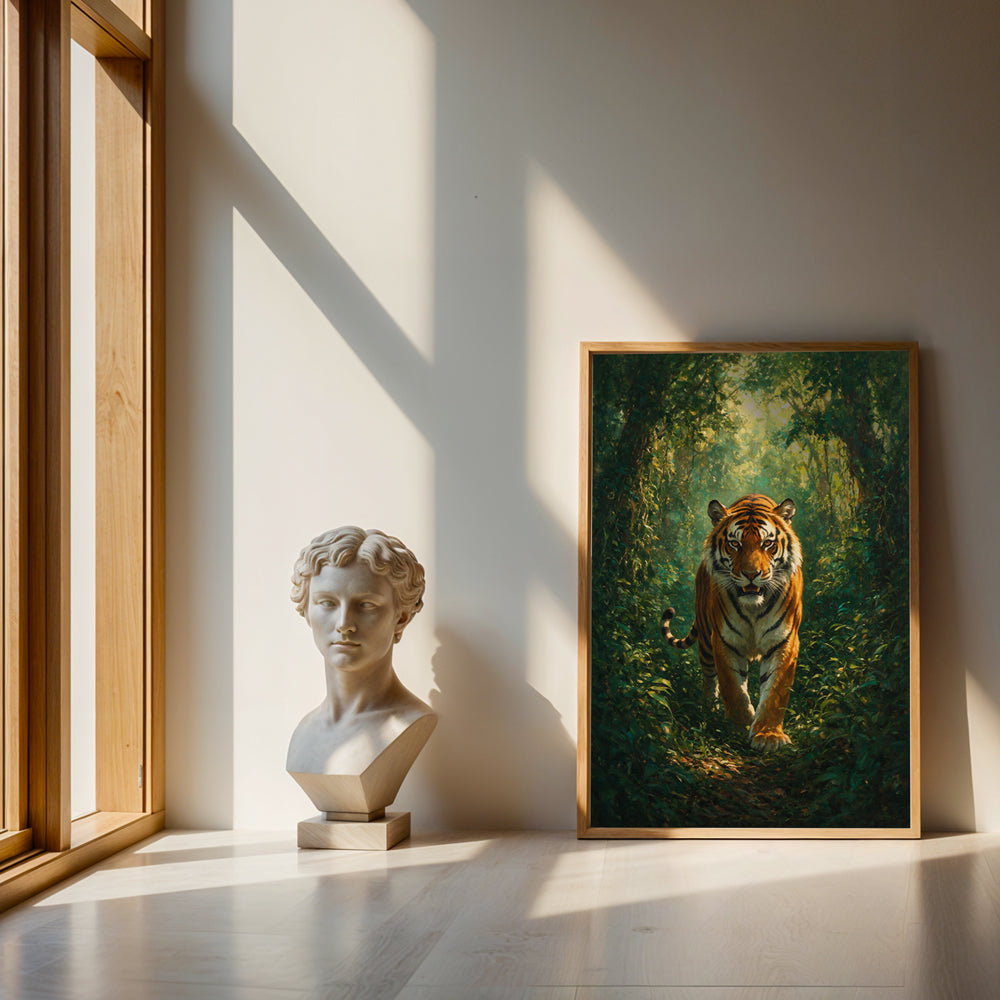 Wildlife canvas artwork of a Bengal tiger walking toward the viewer through a lush forest illuminated by sunlight
