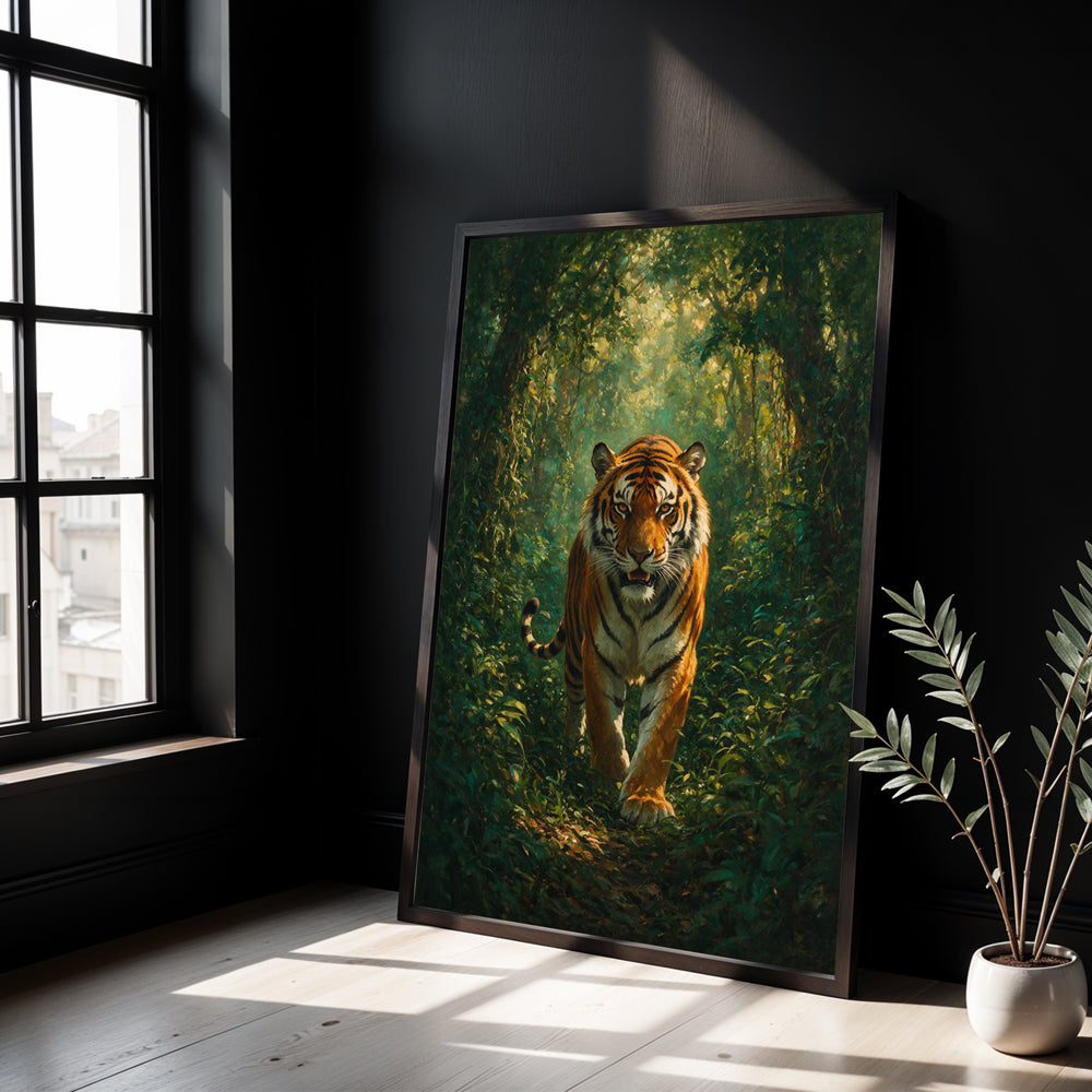 Museum Grade Canvas Wall Art depicting a powerful tiger walking through a sunlit jungle