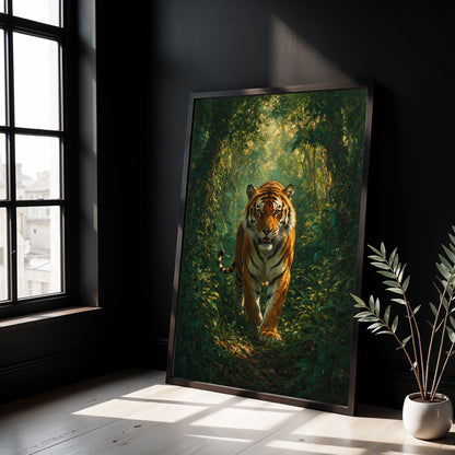 Museum Grade Canvas Wall Art depicting a powerful tiger walking through a sunlit jungle