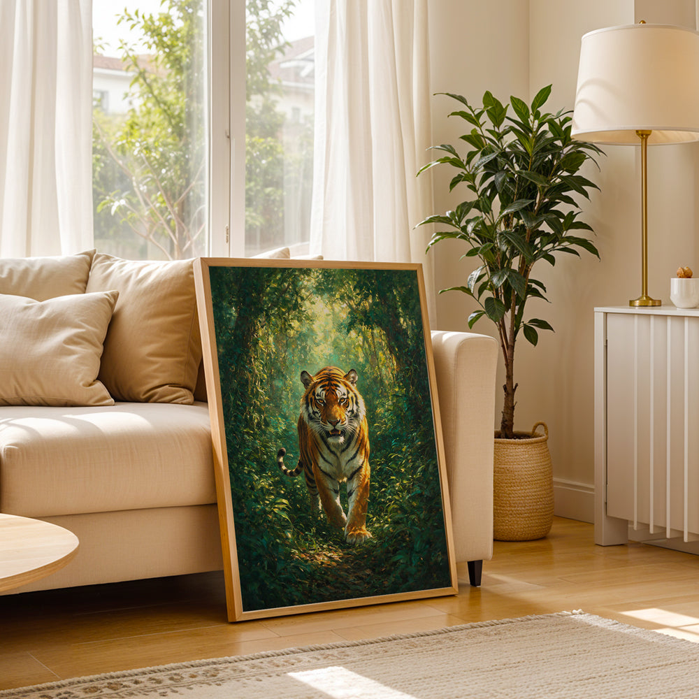 Bengal tiger emerging from a dense forest surrounded by green foliage and warm natural light