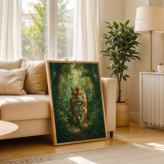 Bengal tiger emerging from a dense forest surrounded by green foliage and warm natural light