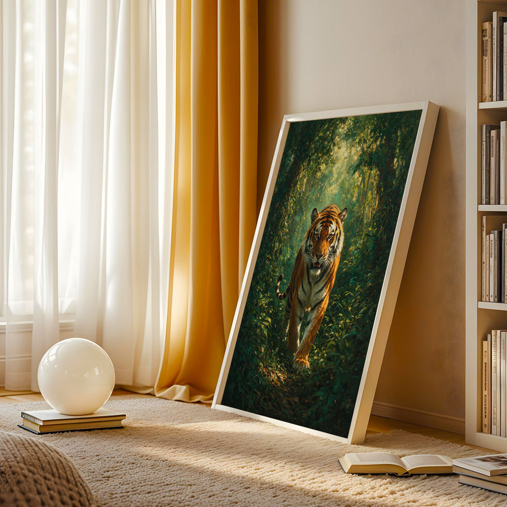 Majestic tiger wall art featuring orange and black stripes contrasting against deep green jungle foliage