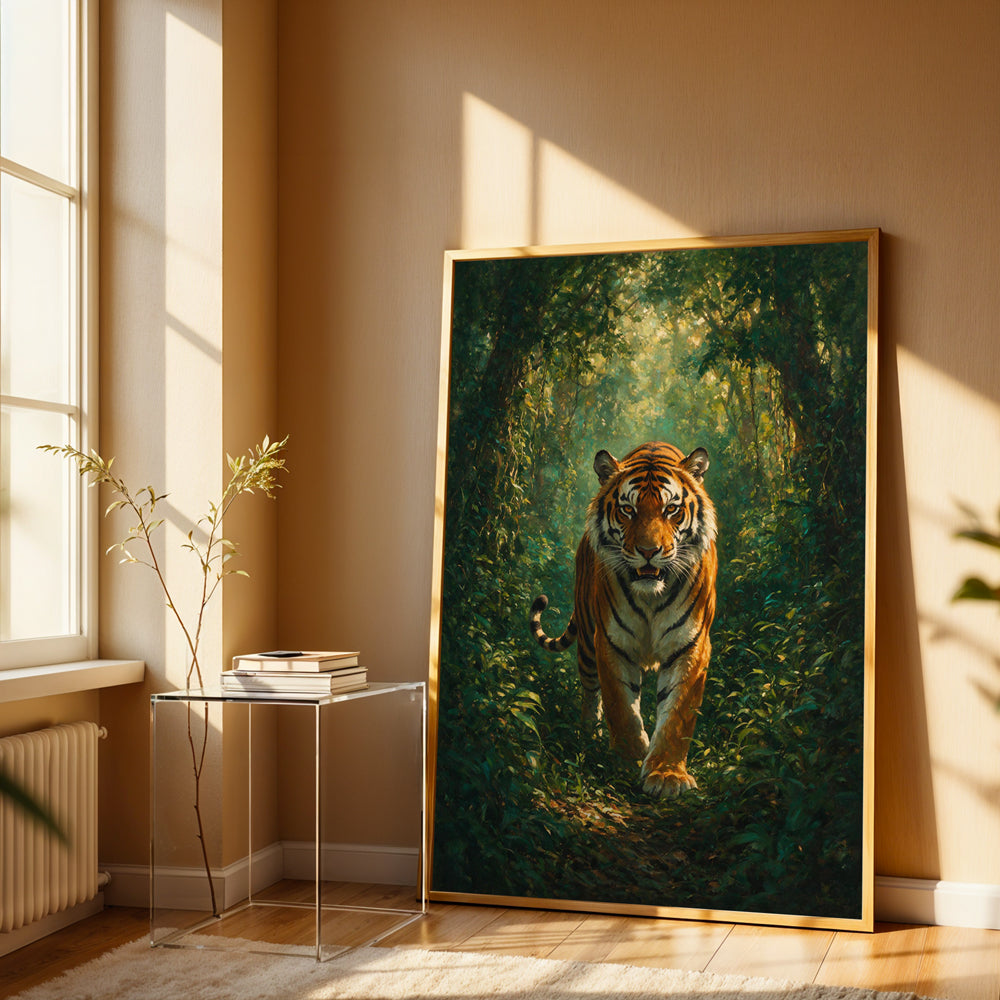 Majestic Bengal tiger canvas wall art featuring a tiger walking through a lush green forest with filtered sunlight