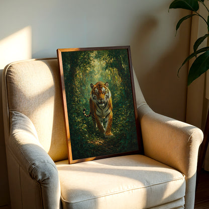 Nature-inspired tiger canvas wall art showing a powerful Bengal tiger surrounded by rich green foliage and woodland shadows