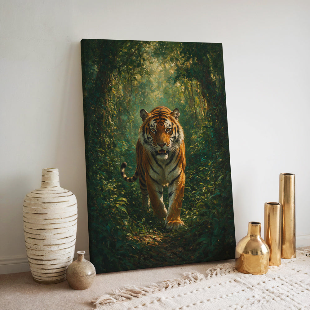 Tiger wildlife artwork showing a Bengal tiger moving through dense green forest vegetation beneath a leafy canopy