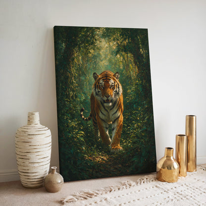 Tiger wildlife artwork showing a Bengal tiger moving through dense green forest vegetation beneath a leafy canopy