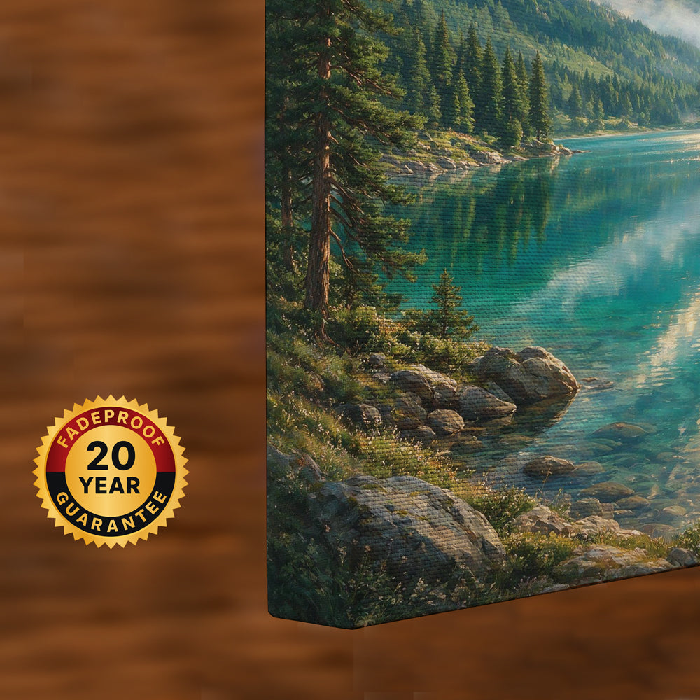 Serene alpine lake canvas artwork with turquoise water, dense pine forests, rugged rocks, and majestic snow-covered mountains