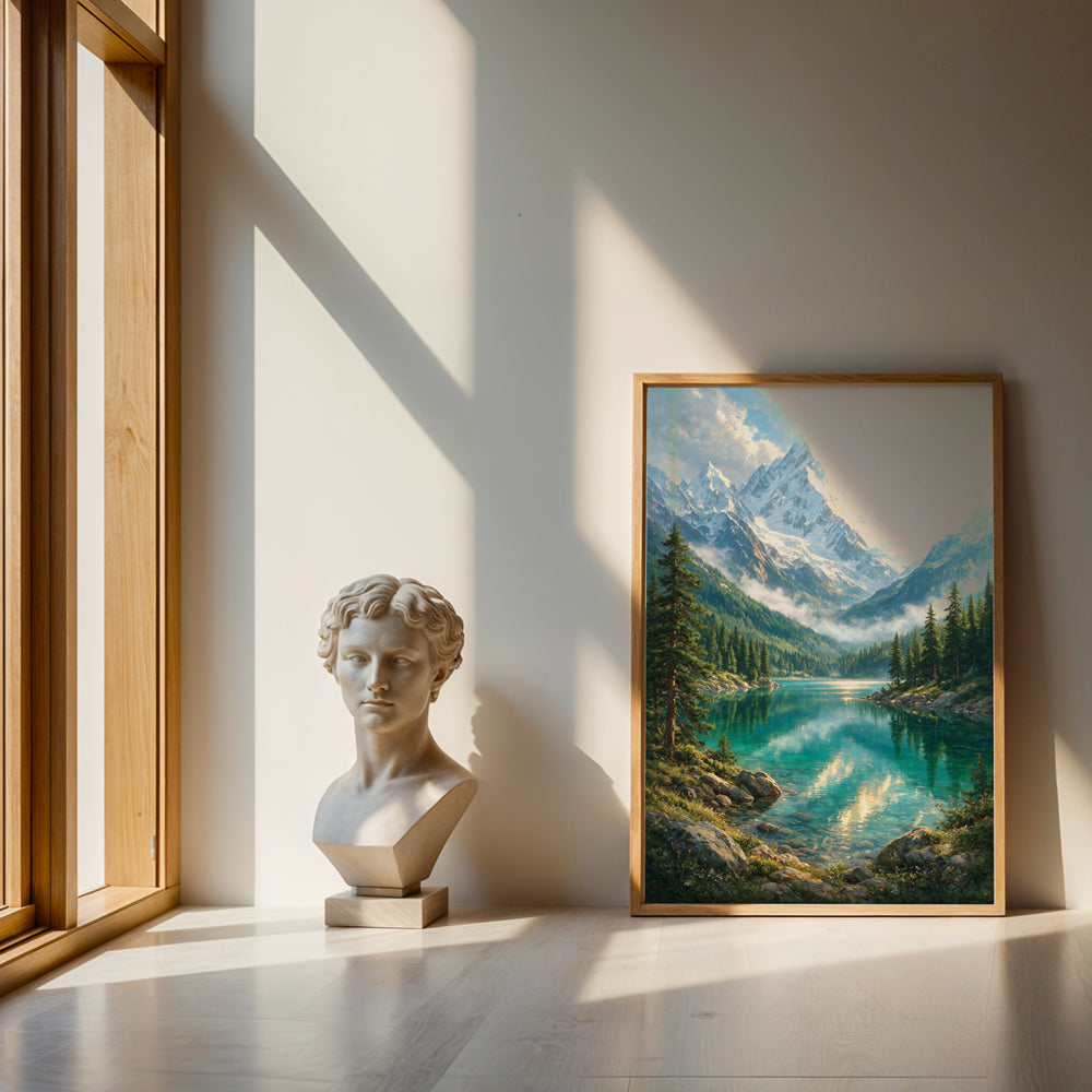 Scenic mountain canvas artwork featuring a crystal-clear alpine lake, evergreen forest, rocky foreground, and snowy peaks