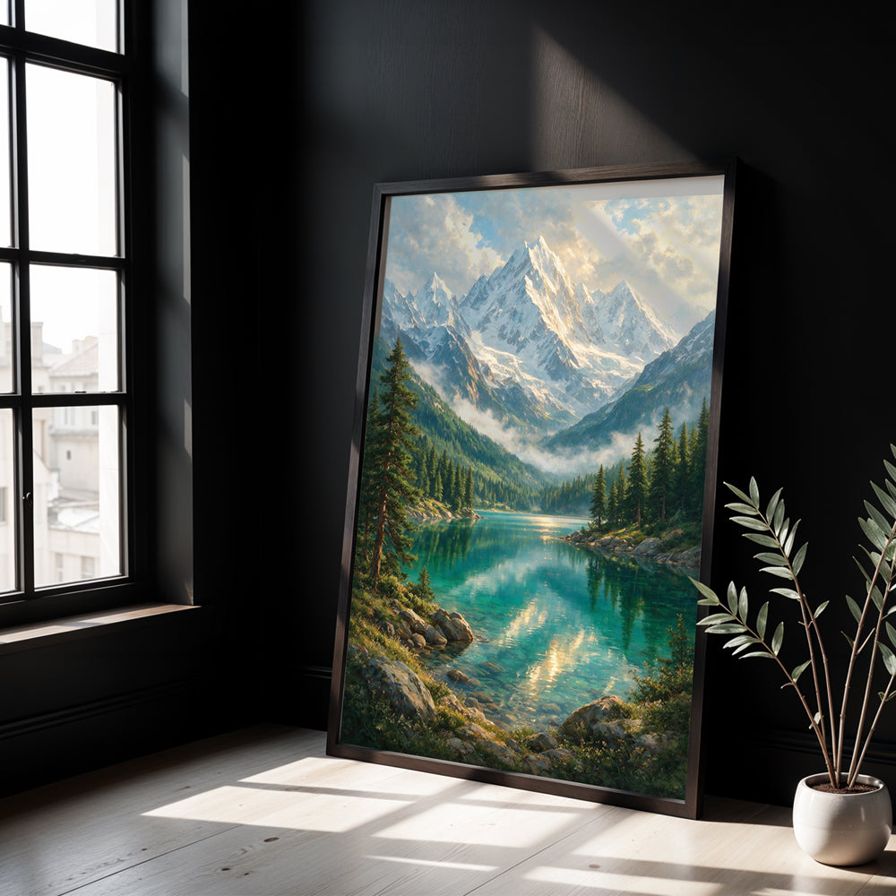 Museum Grade Canvas Wall Art depicting a serene alpine lake surrounded by evergreen trees and majestic mountain peaks