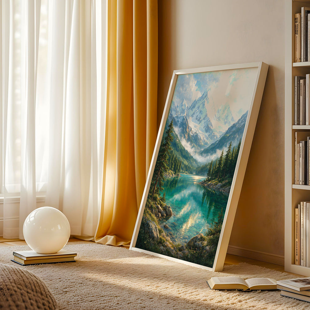 Alpine landscape wall art showing a tranquil turquoise lake reflecting snow-covered mountains and surrounding pine forests