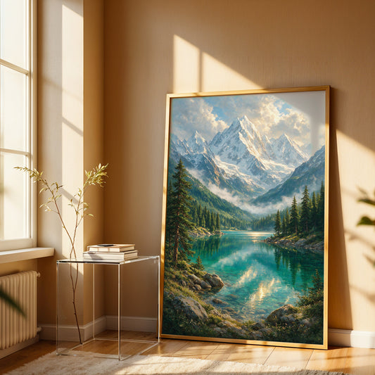 Alpine lake canvas wall art featuring turquoise water, evergreen forests, rocky shores, and towering snow-capped mountains