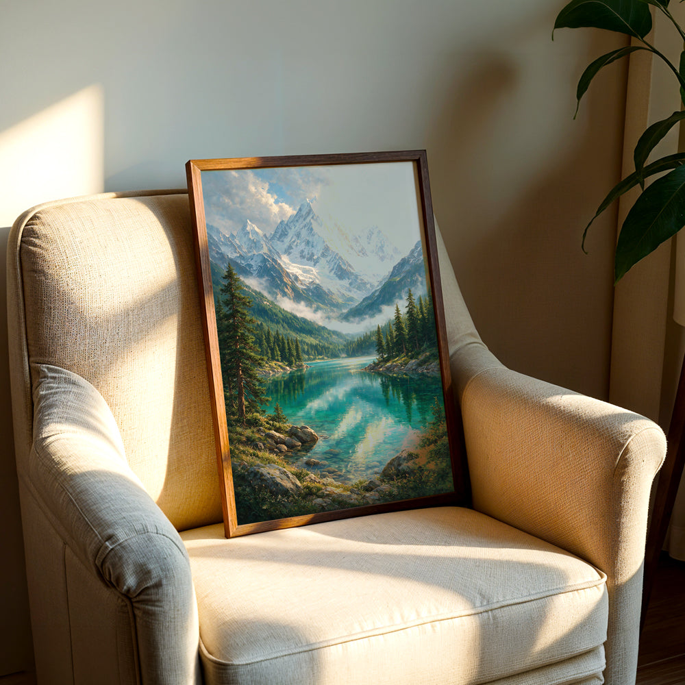 Nature-inspired canvas wall art depicting a peaceful mountain lake beneath towering snow-capped peaks and a luminous sky