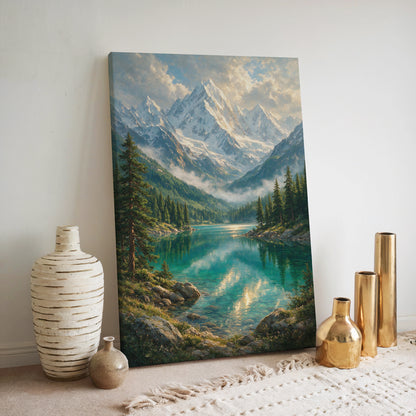 Snow-capped mountain lake artwork with clear turquoise water, forested slopes, rocky shoreline, and bright sky