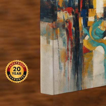 Modern abstract canvas artwork featuring expressive brushstrokes, geometric colour blocks, and rich contemporary tones