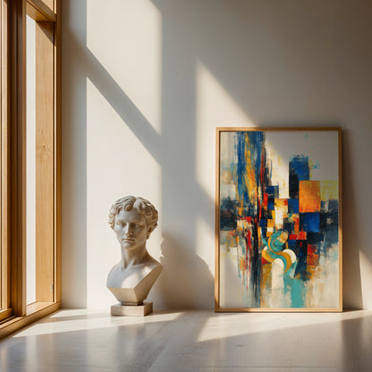 Contemporary abstract artwork featuring layered geometric shapes and expressive painterly strokes on a warm neutral background