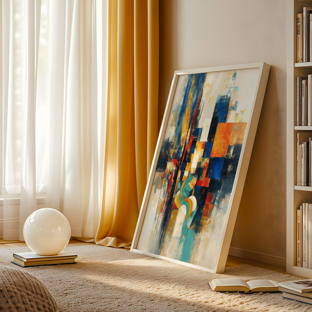 Modern colourful canvas artwork combining geometric blocks, textured brushwork, turquoise, red, orange, and blue tones