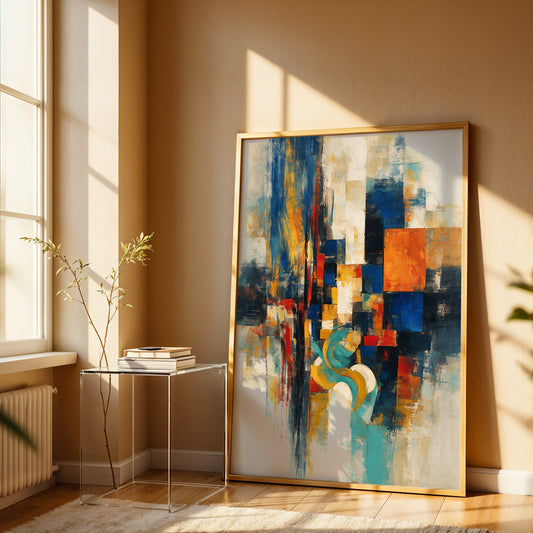 Contemporary abstract canvas wall art featuring bold blue, orange, red, turquoise, and ochre geometric shapes