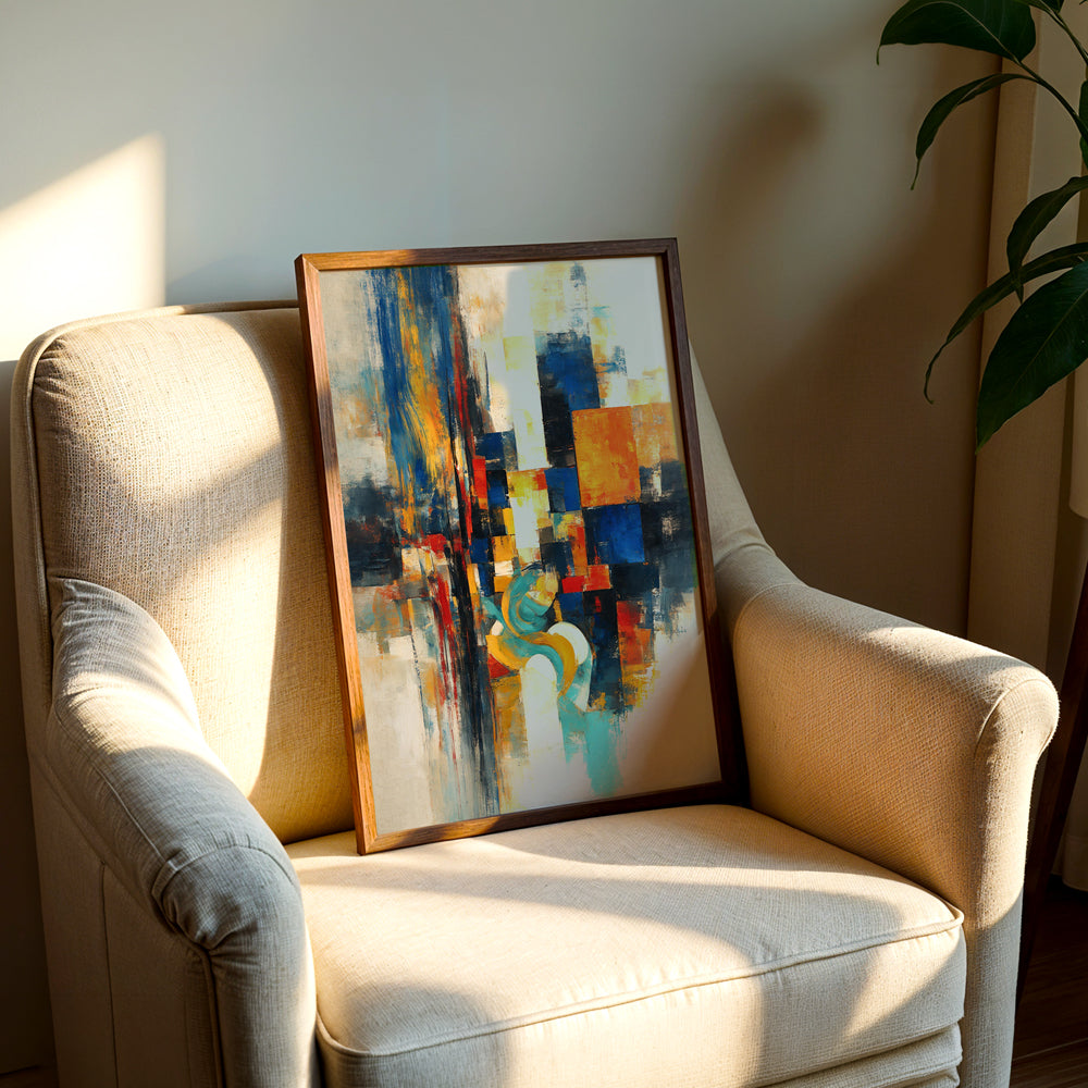 Bold abstract canvas wall art with blue, orange, red, yellow, and turquoise forms arranged in a dynamic modern composition
