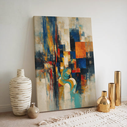 Abstract wall art with deep blue and vibrant orange geometric shapes layered over expressive vertical brushstrokes