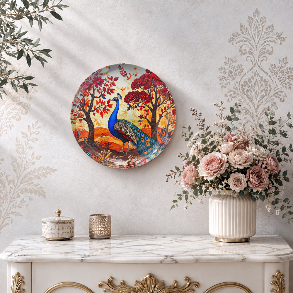 Decorative Gond-inspired peacock wall plate symbolizing beauty, harmony, prosperity, and positive energy.