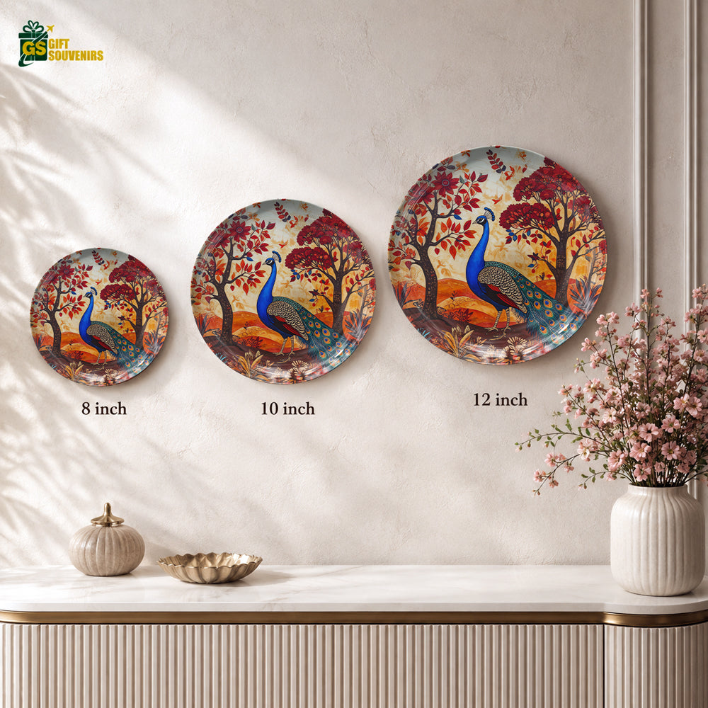 Glossy ceramic wall plate showcasing graceful peacocks beneath vibrant trees in a Gond-inspired art style.