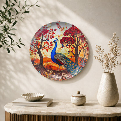 Symphony of the Forest Gond-inspired peacock ceramic wall plate for Vaastu home décor.