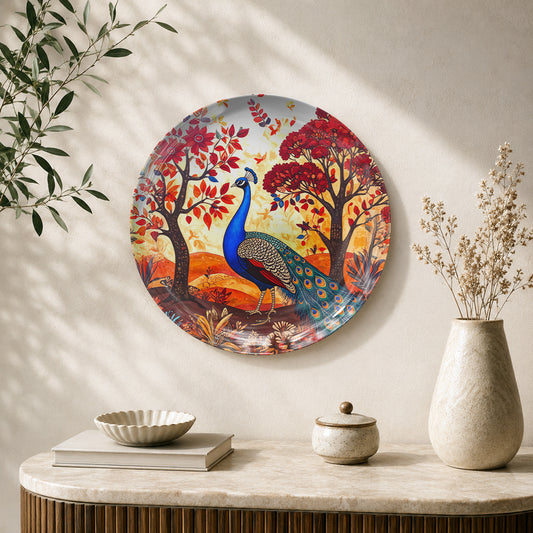Symphony of the Forest Gond-inspired peacock ceramic wall plate for Vaastu home décor.