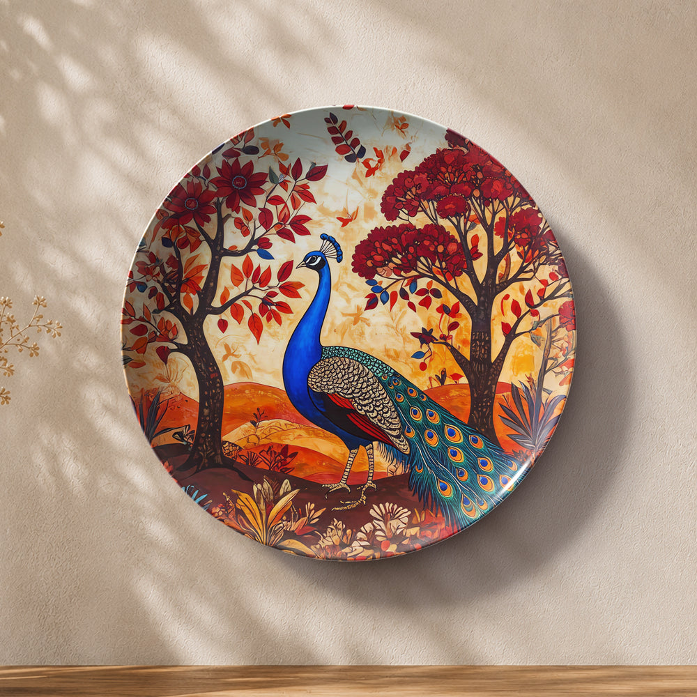 Gond-inspired ceramic wall plate featuring two colourful peacocks surrounded by trees and nature motifs.