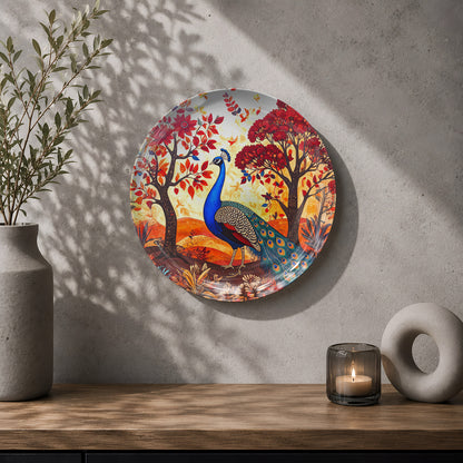 Symphony of the Forest peacock wall plate featuring colourful Indian folk-art inspired artwork for home décor.