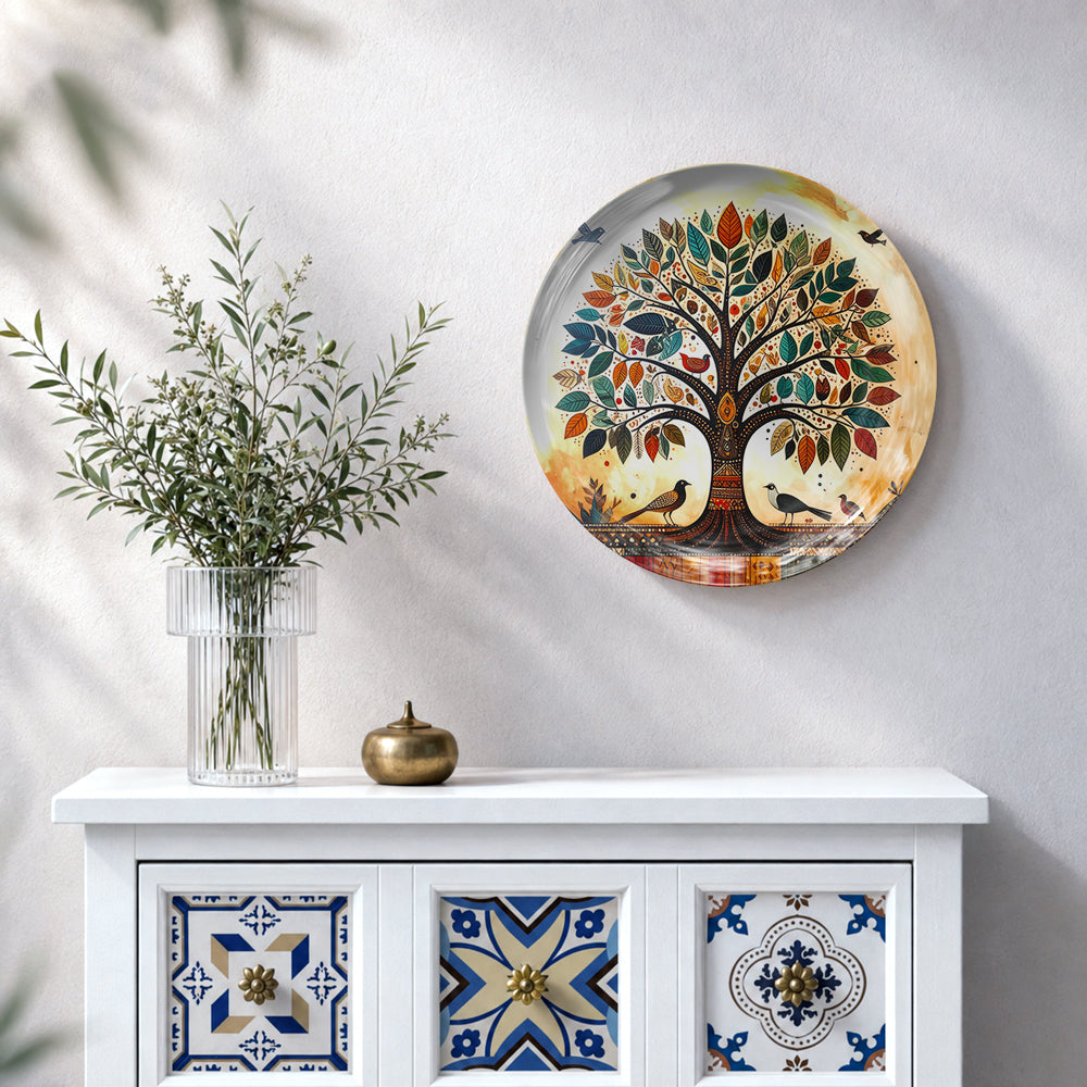 Premium Tree of Life ceramic wall plate with colourful leaves and intricate nature-inspired artwork.
