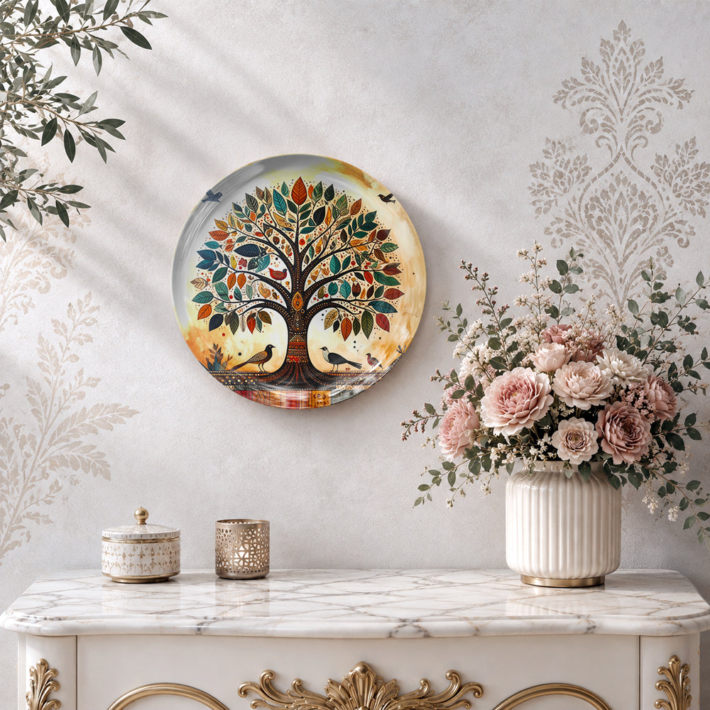 Vaastu-inspired ceramic wall art plate featuring a flourishing Tree of Life with strong roots and branches.