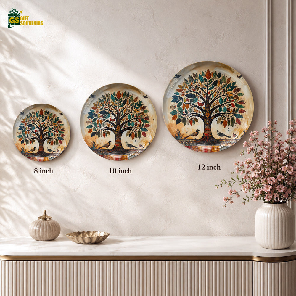 Glossy ceramic wall plate featuring an artistic Tree of Life for Vaastu-inspired décor.