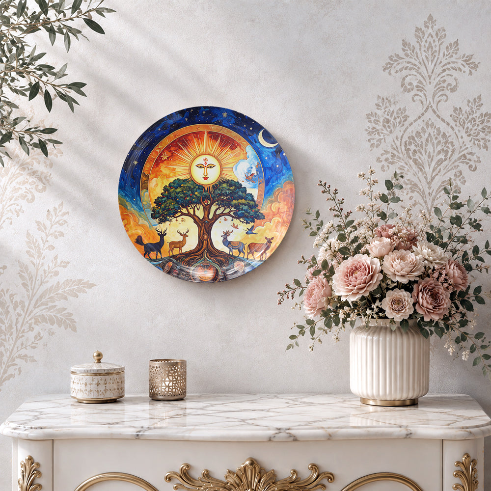 Decorative celestial ceramic wall plate featuring a Tree of Life with spiritual and cosmic elements.