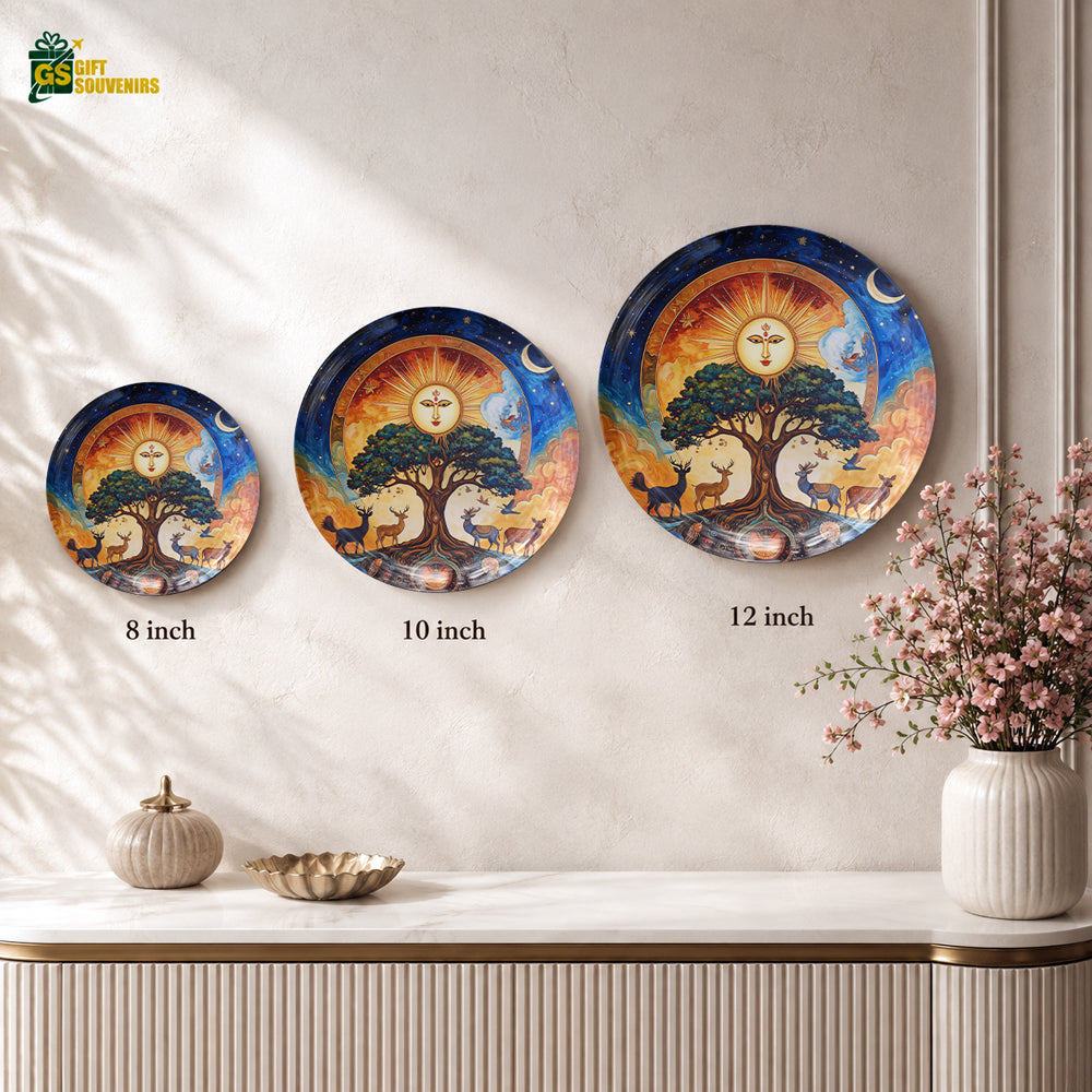 Glossy ceramic wall plate featuring a vibrant cosmic Tree of Life beneath a radiant celestial sky.