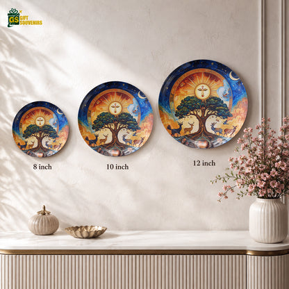 Glossy ceramic wall plate featuring a vibrant cosmic Tree of Life beneath a radiant celestial sky.