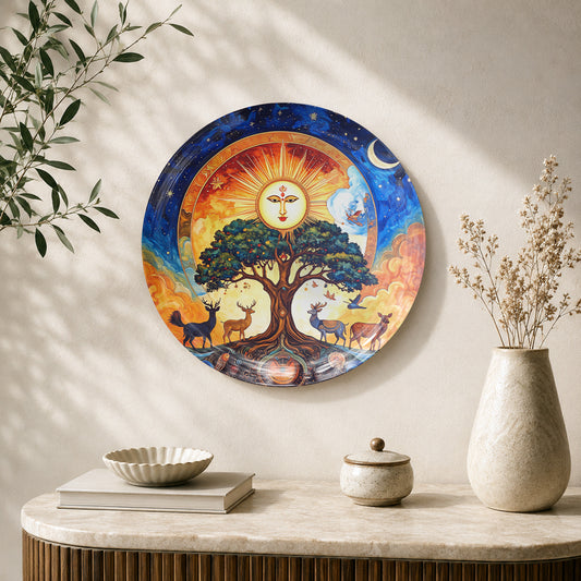 Celestial Balance ceramic wall plate featuring a cosmic Tree of Life surrounded by celestial symbols.