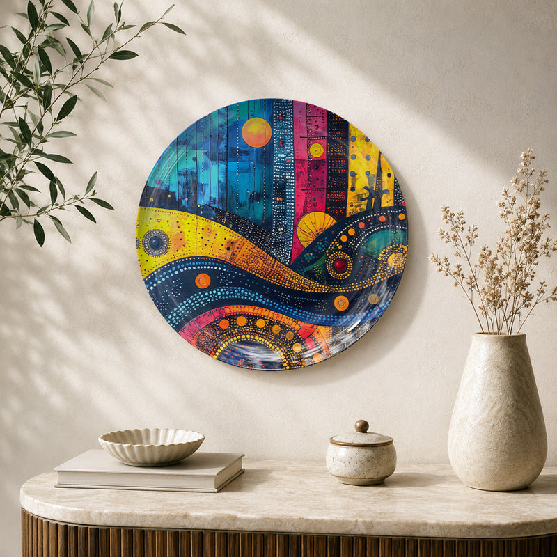 Celestial Currents abstract energy ceramic wall plate featuring colourful waves and geometric patterns