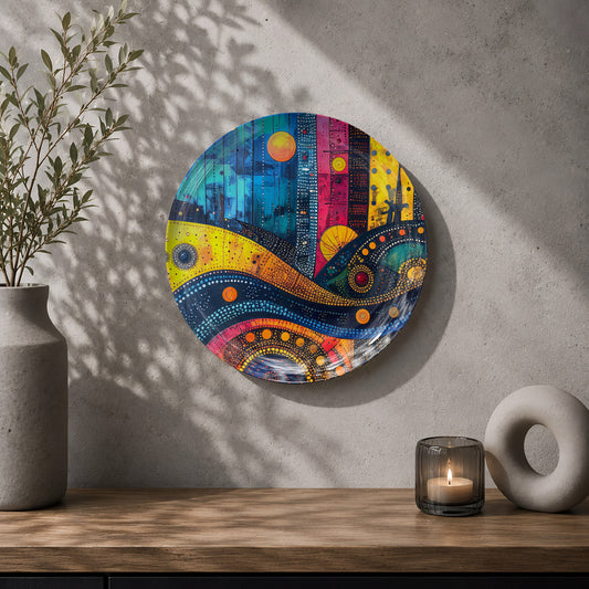 Abstract ceramic wall plate souvenir with vibrant blue, yellow, orange, red and magenta artwork