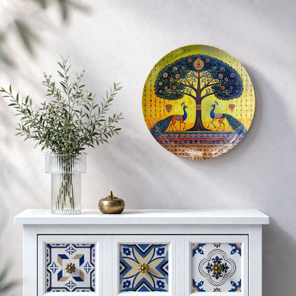 Premium ceramic wall plate showcasing graceful peacocks and a symbolic Eternal Tree in rich blue and golden tones.