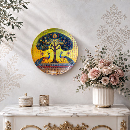 Vaastu-inspired ceramic wall plate featuring peacocks beneath the Eternal Tree with intricate Indian decorative patterns.
